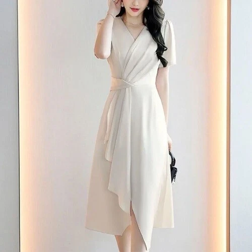 OFF WHITE Abito donna estivo slim fascia alta patchwork zip scollo a V asimmetrico unico