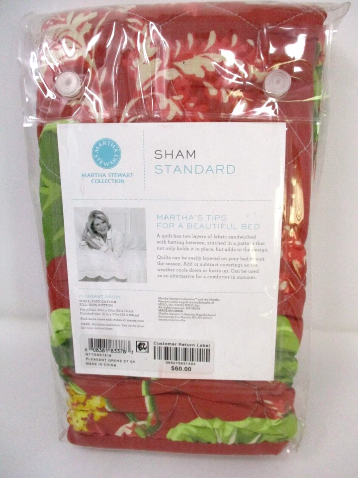Almohada Martha Stewart Pleasant Grove falsa estándar acolchada floral rojo verde Foto 3 de 4