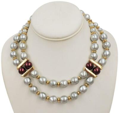 1980s Napier Grey Faux-Baroque Pearls Red Beads Festoon