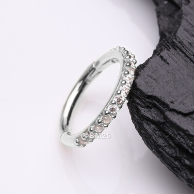 14 Karat White Gold Brilliant Sparkle Gems Lined Clicker Hoop Ring