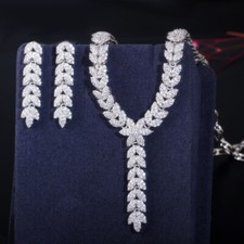 Silver Plated Leaf Drop Earrings Necklace Women Zirconia Bridal Jewelry Set Gift