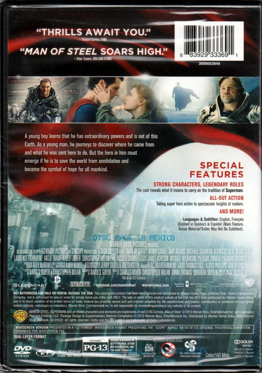 Man of Steel DVD Movie Special Edition Henry Cavill Superman Action DC  Comics 883929479092