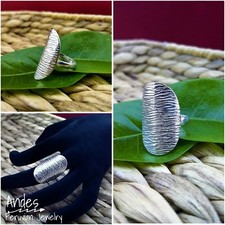 Handmade peruvian ring 950 silver w/ shield wrought design Size 7-8 Adj