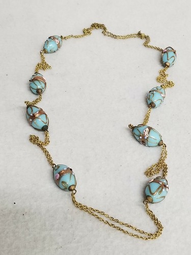 Vintage 36" Venetian Murano Turquoise Blue Fancy Beaded Necklace W/Aventurine