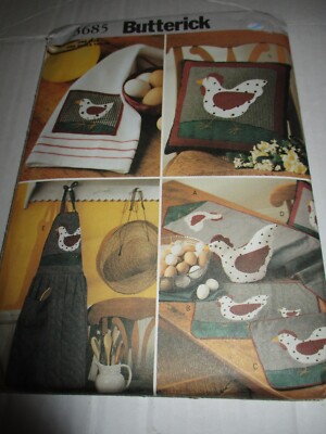 Butterick 3685 Uncut Rooster Chicken Kitchen Decor Pattern Apron Pillow etc