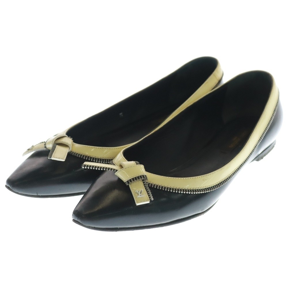 Louis Vuitton Pointed Toe Logo Ribbon Decoration Leather Flat Pumps Black Br0125 thumbnail 3