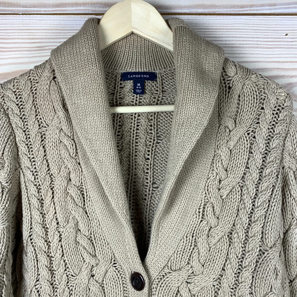 Lands End Cardigan Sweater Women Medium Chunky Cable Tan Shawl Collar Academia - Image 3 of 4
