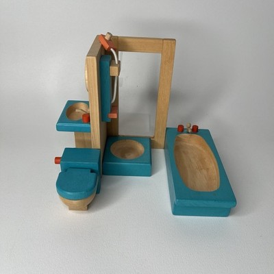 Plan Toys Wood Dollhouse Bathroom Set Pieces Shower Bathtub Sink Toilet Lot Of 4