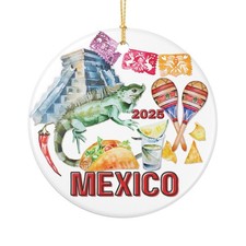 Mexico Ceramic Ornament, Cultural Icons Collage, Custom Year