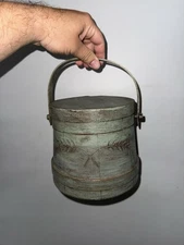 Vintage Firkin Wheat Design Sugar Bucket Primitive Blue Paint