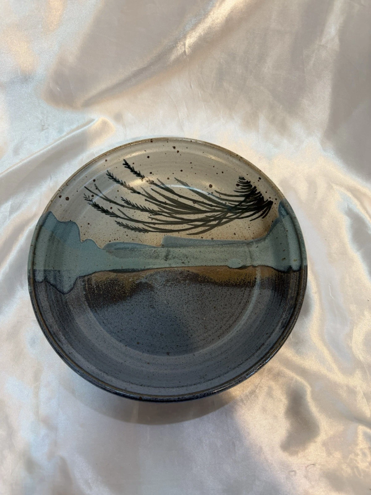 Vintage Blue Gray tone Art Pottery Pie Plate Dish 10” Signed