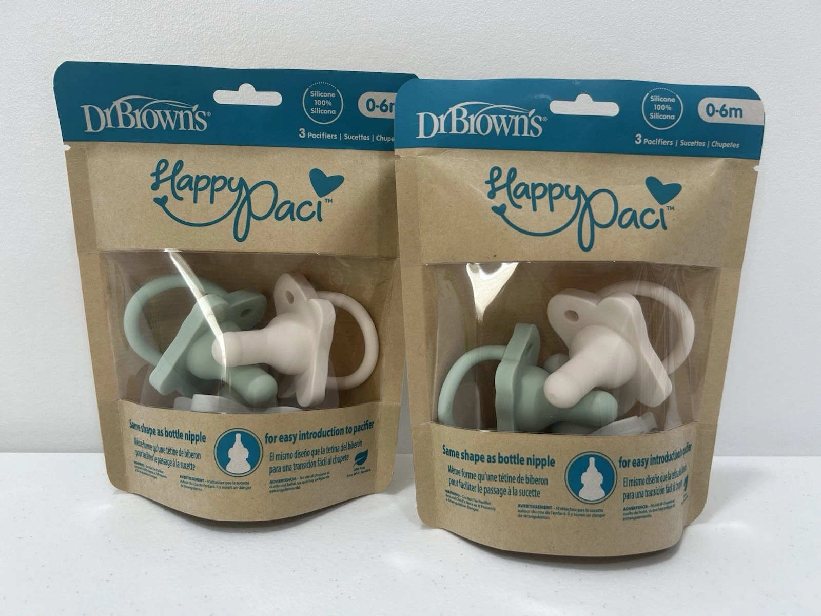 Dr Brown's Happy Paci 0-6m Lot Of 6 Silicone Pacifiers Baby White Gray Green
