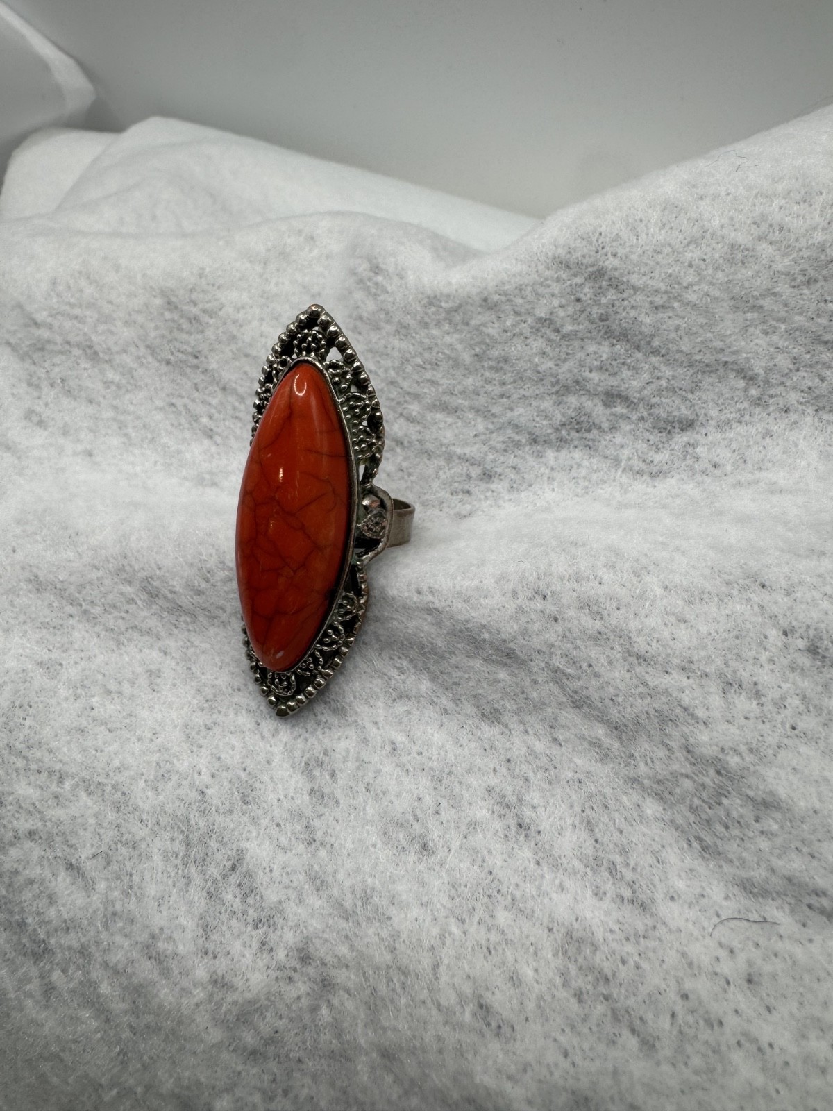 Red Agate Statement Ring Adjustable Silver Tone G… - image 3