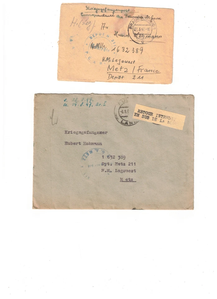 6Q Kriegsgefangenenpost Fulda Gersfeld 1946/47 an KGF n. Metz France ,1x Retour - Bild 3 von 4