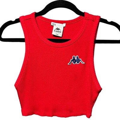 Zara x Kappa Red Ribbed Knit Crop Top Tank Patch Logo Womens Small Athletic