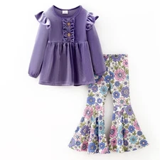 NEW Boutique Velvet Tunic Dres & Floral Bell Bottoms Girls Outfit Set