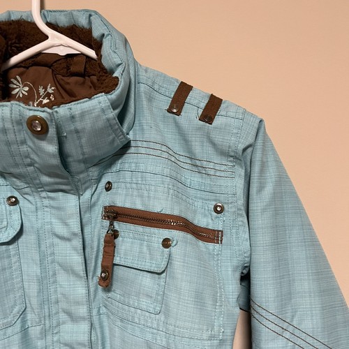 Obermeyer Ski Jacket Girls Size 6 Juniors Teal Aqua Blue Brown Zip Winter Coat - Picture 5 of 12