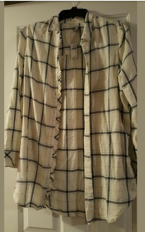 ladies long sleeve plaid lightweight flannel. white with some blue and gold NWT