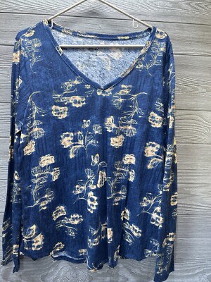 Sonoma Women s Everyday Tee XL Blue and Yellow Floral V Neck NWOT Long Sleeve