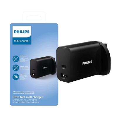 Philips 30W Wall Charger UK 3 Pin USB C And USB A Ports No Cable Supplied
