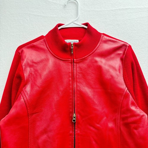Pendleton Women's Large Red Leather Front Wool Knit Double Zip Sweater Jacket - Picture 5 of 11