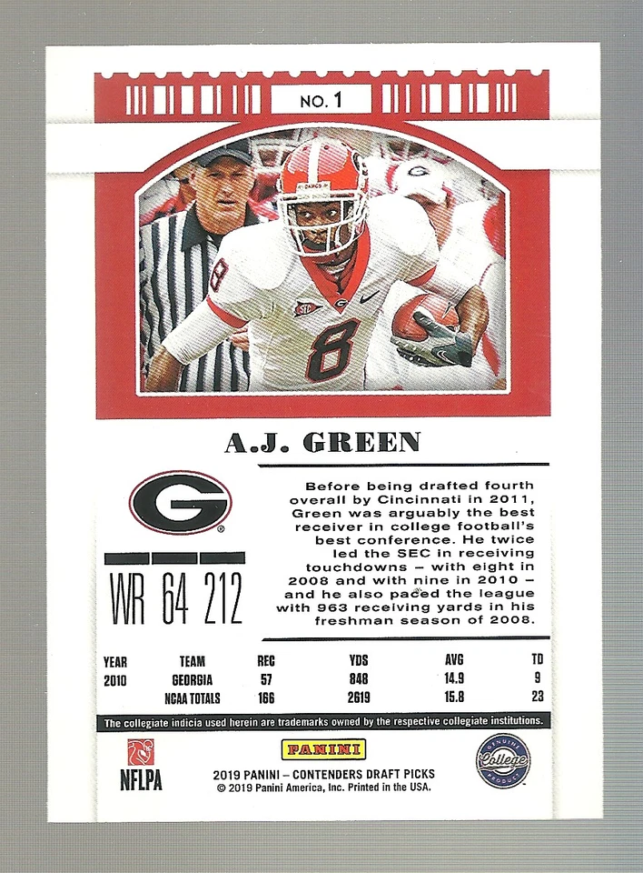 2019 Panini Contenders Draft Picks - Season Ticket A.J. Green #1 - Image 2 of 2