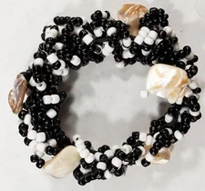 Vintage Expandable Bracelet Black and White Beads and Mother of Pearl