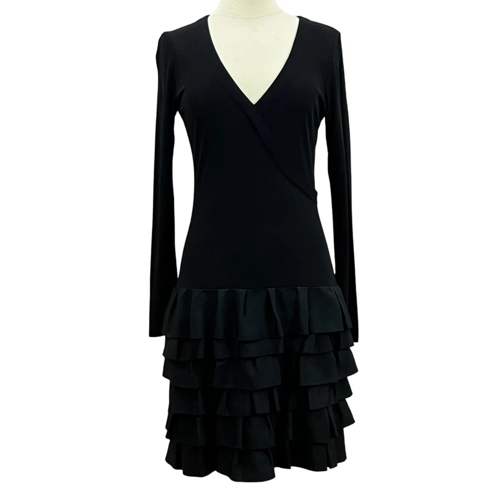 Black Sleeve Ruffle Cocktail Dress 100% Silk Size 8 - Image 4 of 4