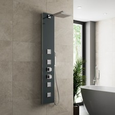 Modern Thermostatic Shower Panel Column Tower Body Jets Twin Head Bathroom Glass