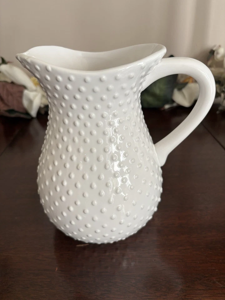 Timeless Treasures Pitcher White Ceramic Swiss Dot Design Hobnail Flower Vase - Image 2 of 4