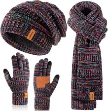 Winter Beanie Hat Scarf Gloves Set for Women, Slouchy Beanie Long Scarf Touchscr
