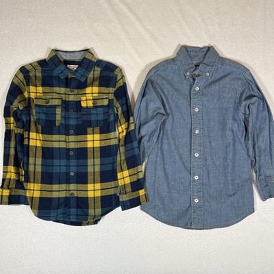 Lot of 2 Boys YS Small Long Sleeve Button Up Plaid Shirts Cat & Jack J.Khaki.  X