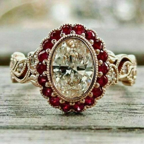 3.85Ct Oval Cut Lab Created Diamond & Red Ruby Engagement Ring 14K Rose Gold