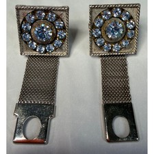 VTG Silver Tone Blue Rhinestone Mesh Wrap Around Cufflinks Square Mid Century