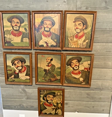 Vintage Leslie Emery Golfing Clown Original Print Collection Lot Of 7 Wood Frame - Image 1 of 4