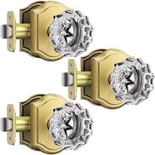 3 Pack Glass Door Knob, Rosette Shaped Crystal Door Knobs with Lock, Satin Br...