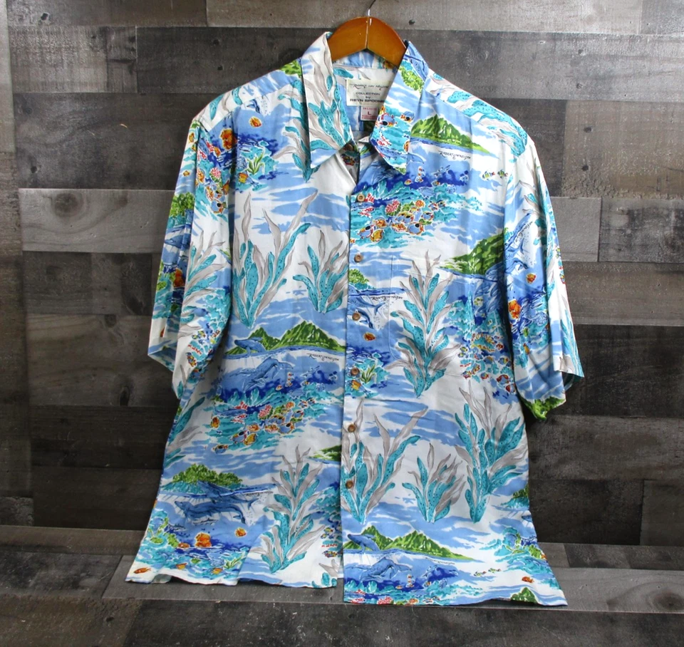 Reyn Spooner Hawaiian Shirt Mens Large Blue Robert Lyn Nelson Rayon Coral Reef - Image 2 of 4