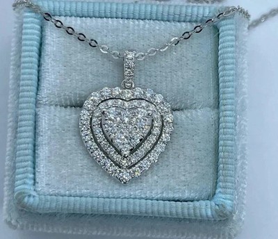 2Ct Round Cut Real Moissanite Women's Double Halo Pendant 14K White Gold Plated