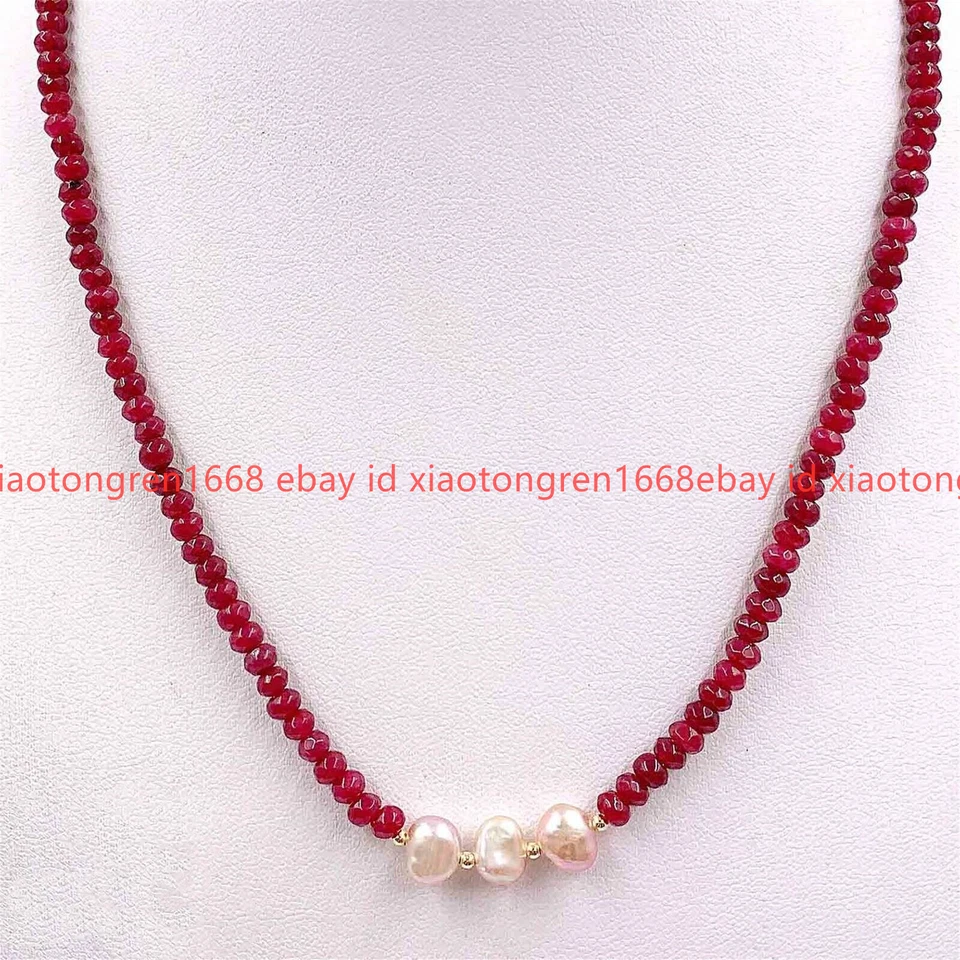 2x4毫米多面红色玉髓淡水白色巴洛克珍珠项链18-24英寸 — 第 3/4 张图片