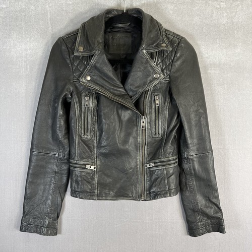 Chaqueta de Cuero AllSaints Motociclista para Mujer 0 Negra Carga Moto Oveja Bolsillos con Cremallera Completa - Imagen 1 de 9