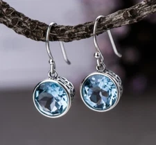 2Ct Round Cut Simulated Blue Topaz Women's Drop Earring In 14K White Gold Plated