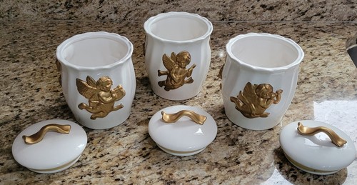 KMC Canister Set of 3 Jars w/ Lids Gold Angels Cherubs Gilded Cream Containers - Picture 5 of 20