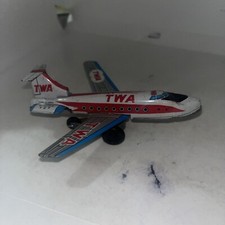 Vintage Japan Tin Litho Friction Airplane 5" TWA Boeing 727 Plane