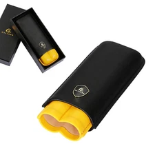 Galiner 2 Tube Travel Cigar Case Tube Portable Black Cigar Leather Holder Gift