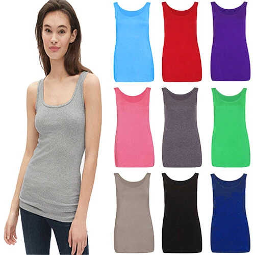Womens Sleeveless T Shirt Scoop Neck Ladies Long Stretch Plain Strappy Vest Top