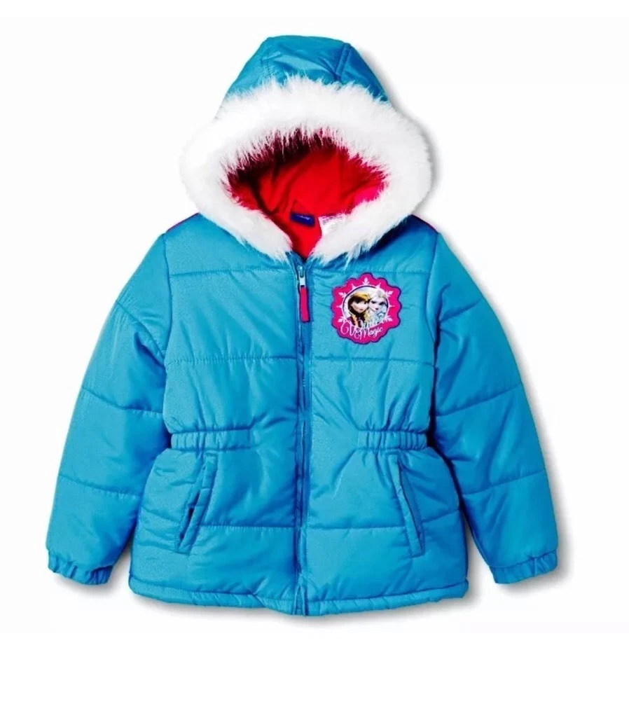 Disney Frozen Girl Winter Puffer Coat with Fur Hoods, Blue, Size z 4, 5, 6, 6x