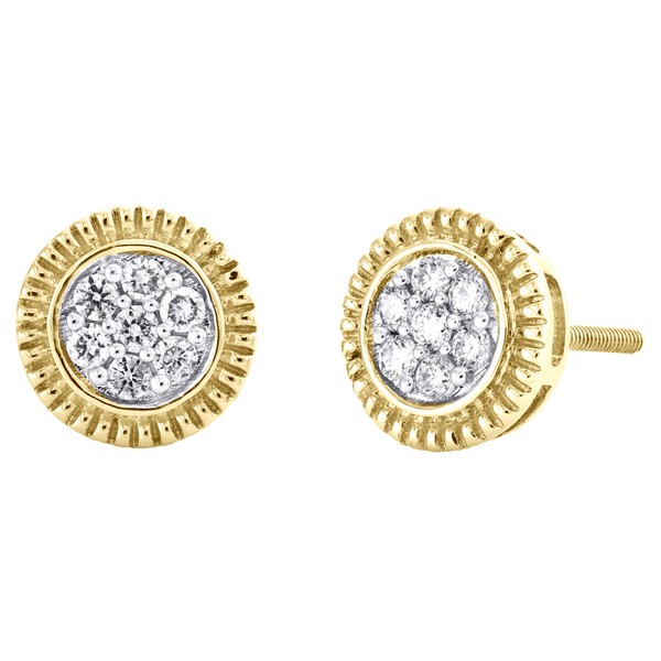 10K Gelbgold Rund Diamant Gerillter Blume Cluster Stecker 9Mm Ohrringe 1/4 Ct-image