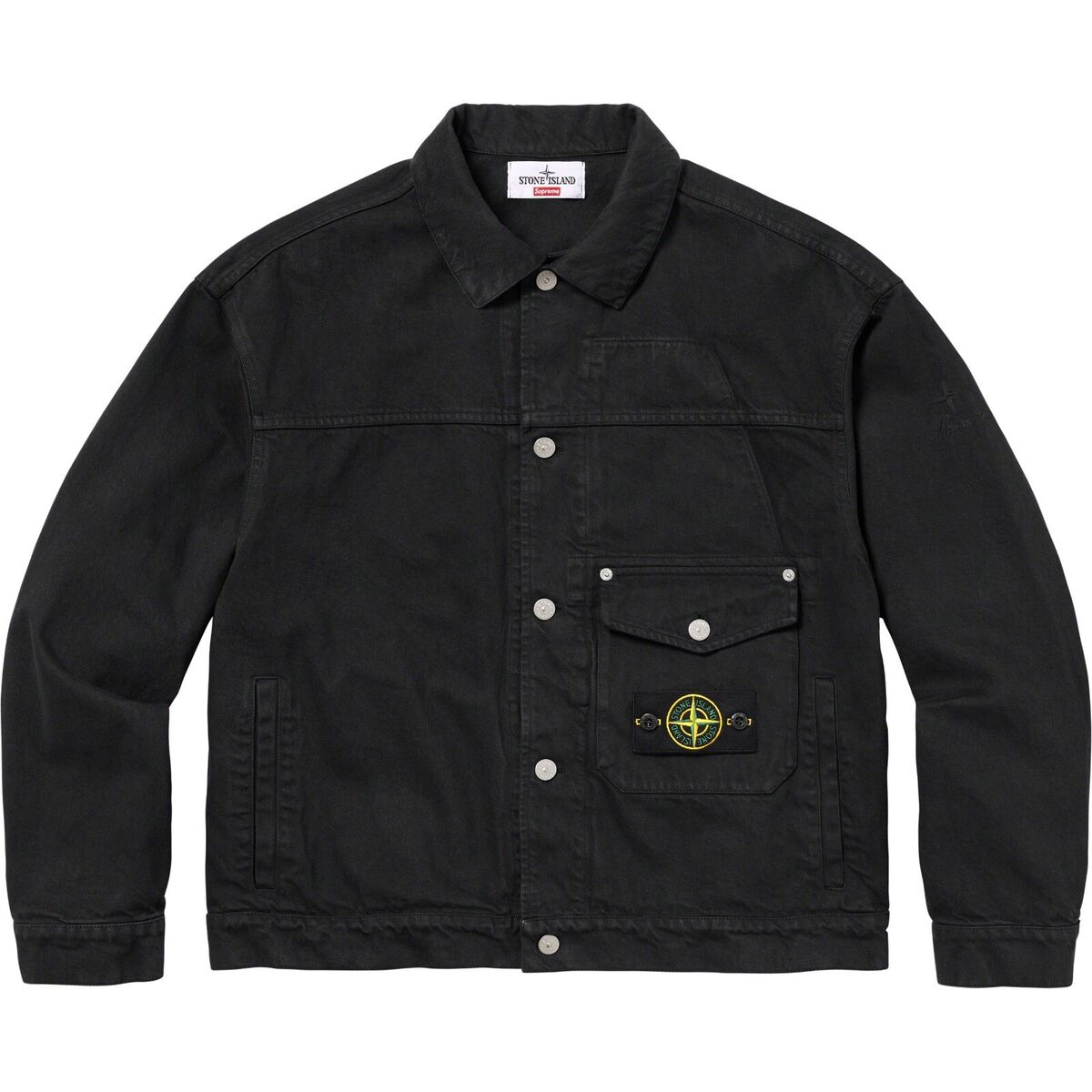2023 Supreme x Stone Island Bull Denim Trucker Jacket BLACK 2023 Supreme x Stone Island Bull Denim Trucker Jacket BLACK