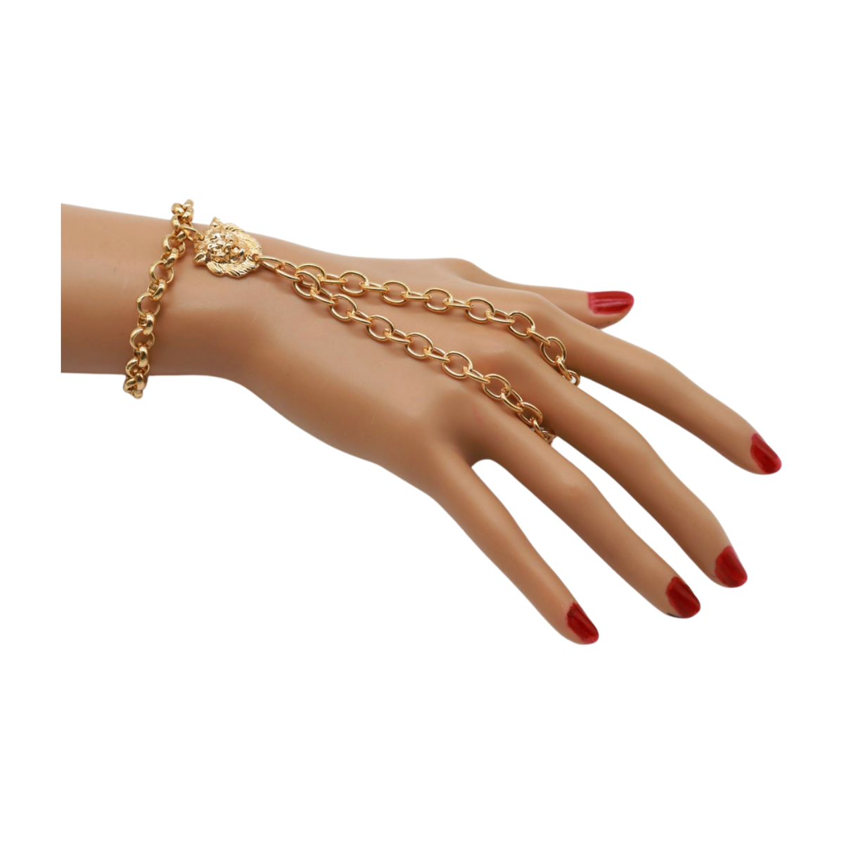 Bracelet Femme Charm Lion Métal Doré - Chaîne Main Et Anneau Connecté - Fermoir Pince