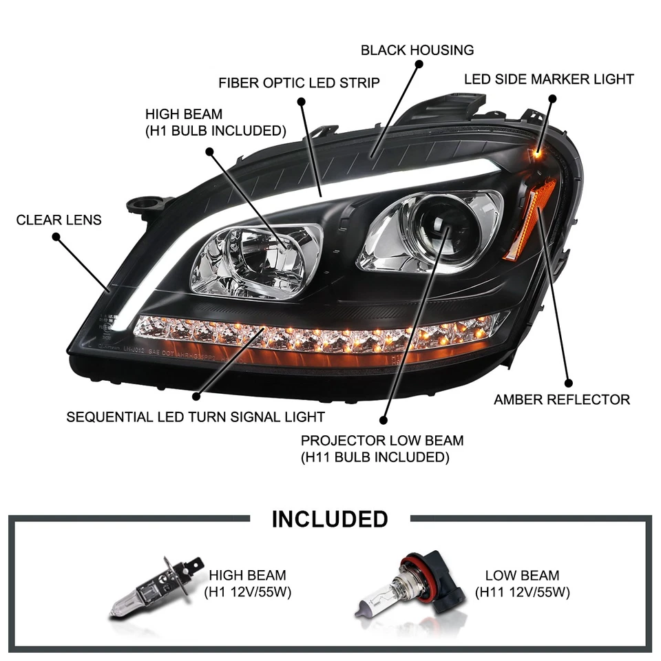 Fits 2006-2008 Mercedes Benz W164 ML350/500 Black Projector Headlight LED Signal — 第 3/4 张图片